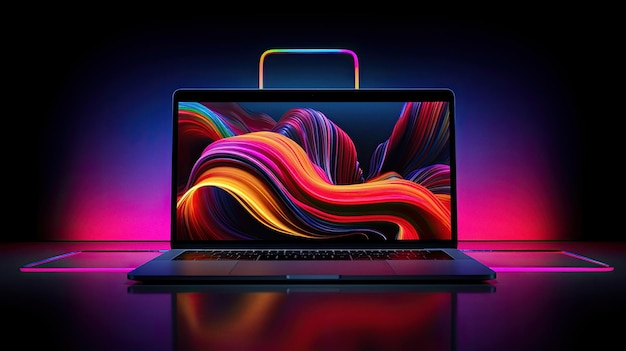 Фото Ноутбук на темном фоне и красочное свечение, созданное ai