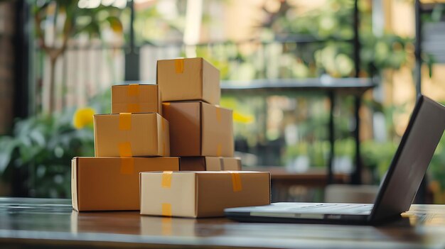 Фото laptop on the table with cardboard boxes and parcel packages