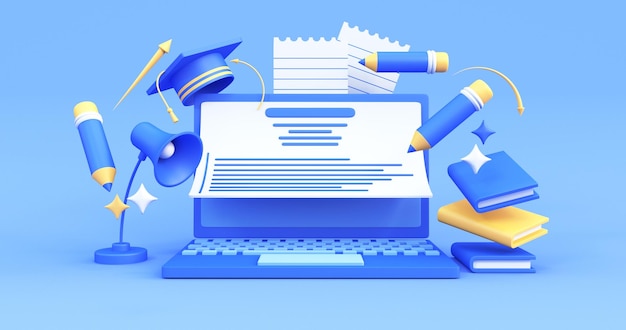 Laptop online education concept in blue background 3d render