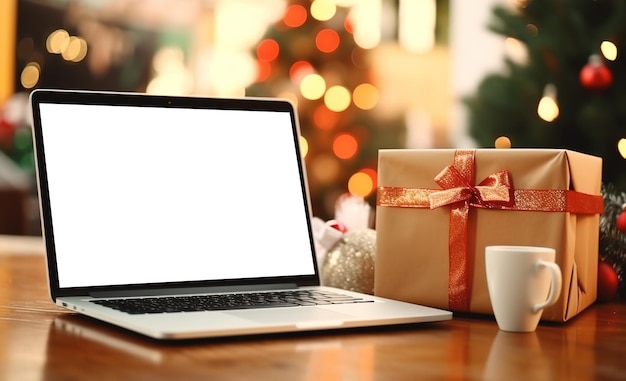 Laptop op bureau met leeg scherm Kerstboom en geschenken op de achtergrond uitknippad opgenomen Feestelijk thuiskantoor