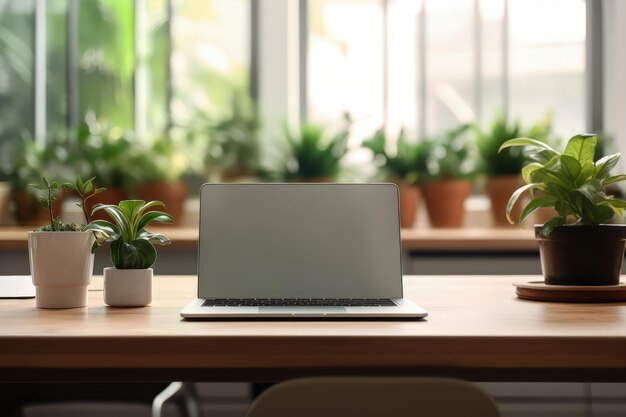 Laptop op de tafel in het kantoor met vensterbeeld AI