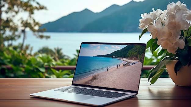 Laptop op de tafel met een achtergrond van een zeegebied