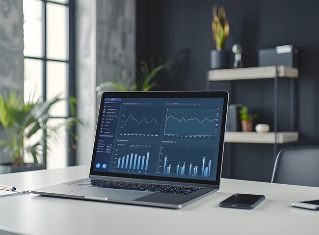 Laptop op de tafel met grafieken met economische gegevens voor investeringen Conceptuele bedrijfsinformatie