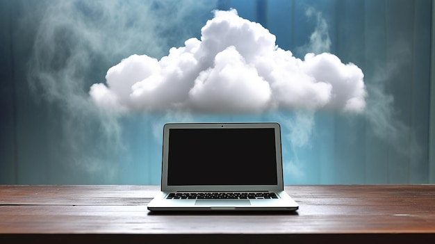 Laptop op de tafel met wolk op de achtergrond gecreëerd met AI