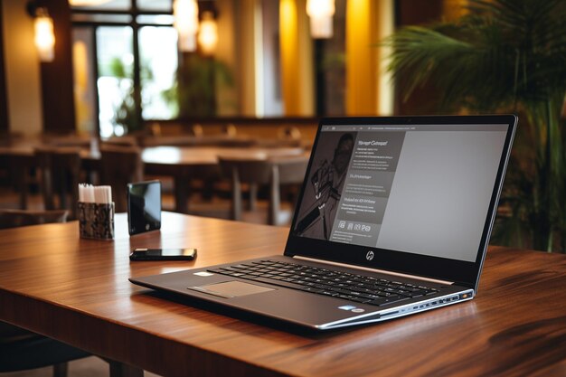 Laptop op een bureau in een receptie van een bedrijf