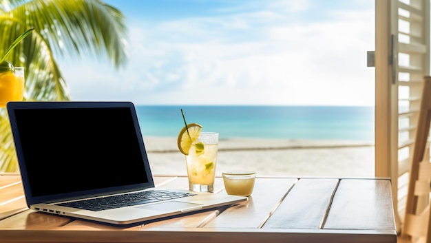 Laptop op een houten bureau met sinaasappelsap bij een zonnig strandvenster dat afstandswerk of vakantie symboliseert