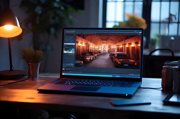 laptop op een tafel en oranje licht scherm