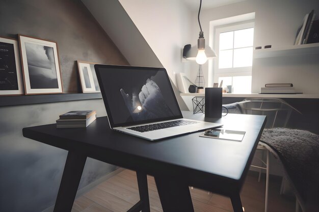 Laptop op een tafel in een kamer met een minimalistisch interieurontwerp