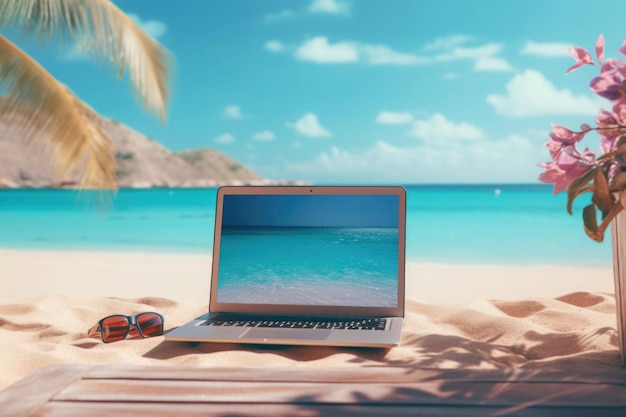 Laptop op het strand Zeezicht achtergrond Werken op het strand Freelance werkvakantie Generatieve AI