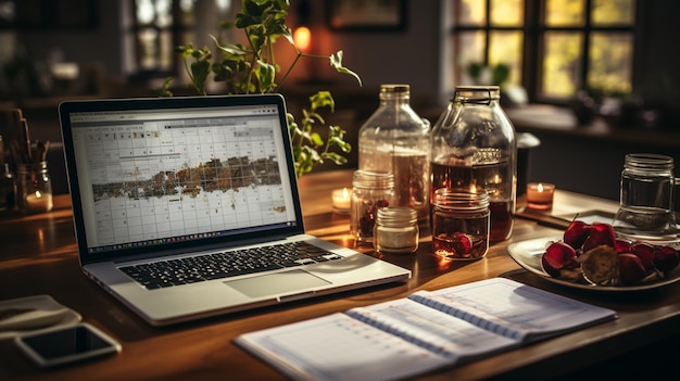 Laptop op tafel in een café met een boeket bloemengeneratieve ai