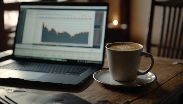 Laptop op tafel kopje koffie cryptocurrency groeigrafiek Generatieve AI