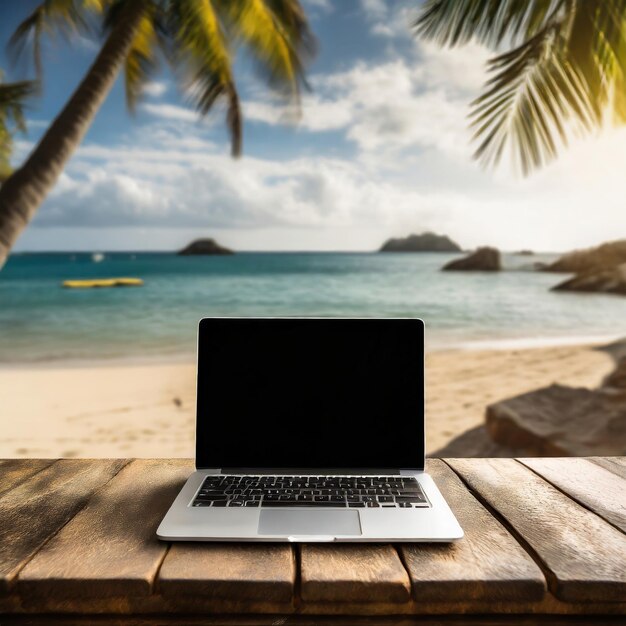 Foto laptop op tafel op het strand.