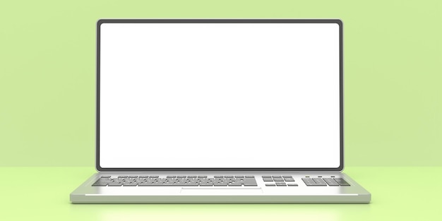 パステル グリーンの背景バナー コピー スペース 3 d イラストを分離した空白の画面で開いているノート パソコン
