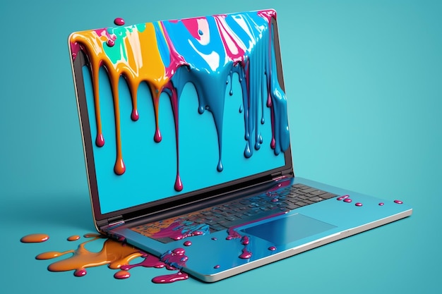 Photo laptop in paint created with generative ai technology high quality illustration