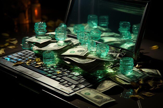 Laptop and paper money in neon lighting top view ar c v