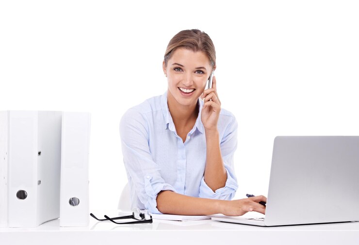 Photo laptop phone call and portrait of woman in studio for appointment information at secretary desk communication smile and female receptionist on mobile conversation with computer by white background
