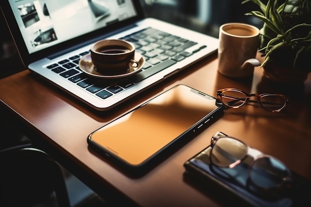 laptop and a phone on a desk with a cup of coffee