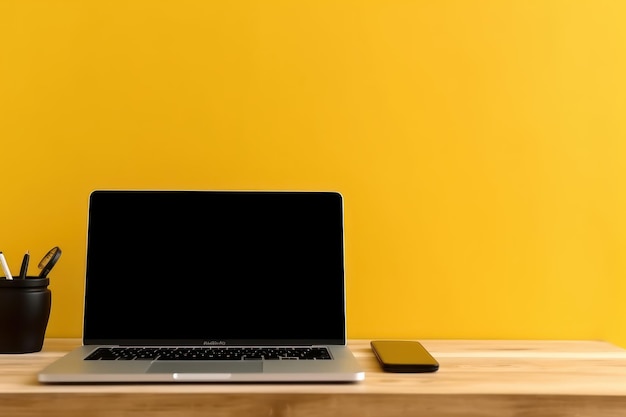 A laptop and a phone on a wooden table with a yellow background