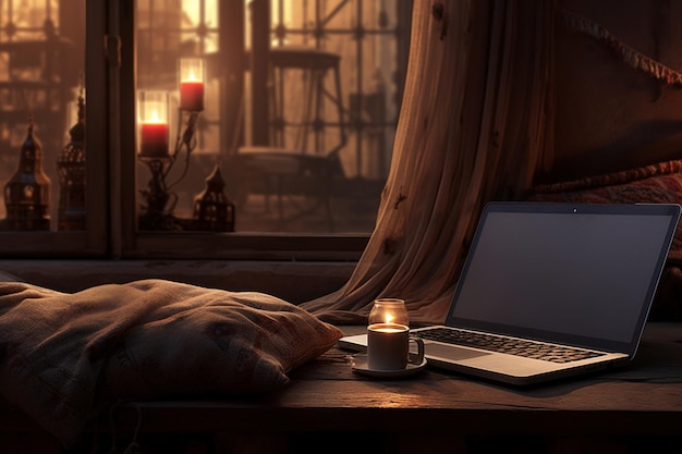 A laptop placed on a cozy rug with a cup of coffee nearby