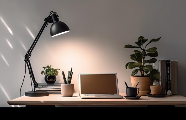 a laptop and a plant on a desk with a lamp on it.