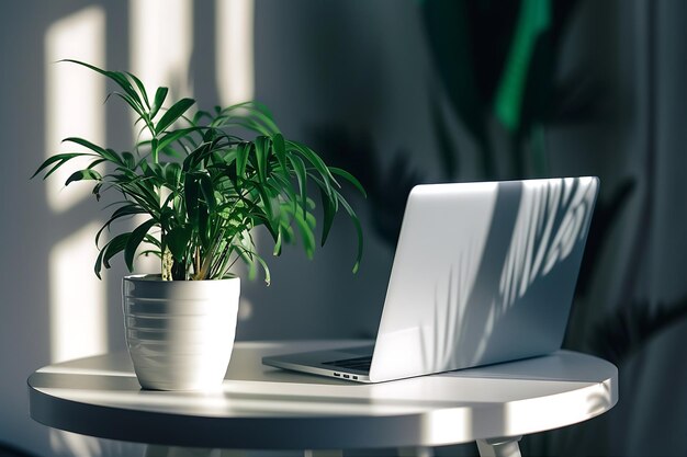 Laptop and Plant on a Wooden Table