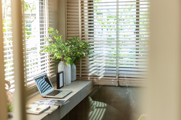 laptop and plants on table at home