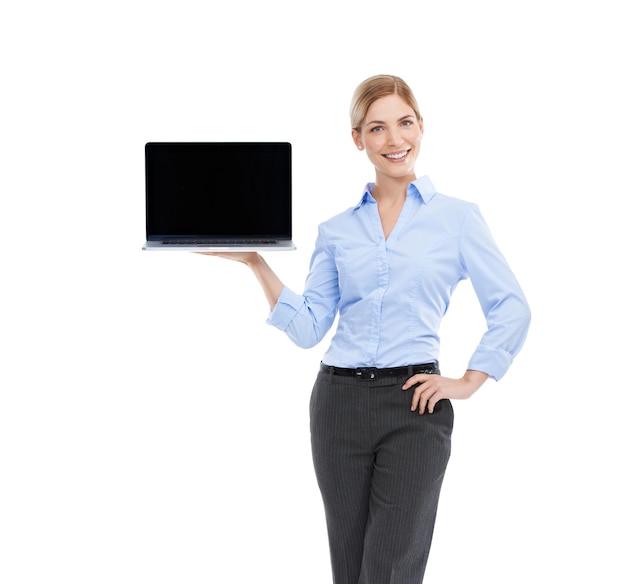 Photo laptop portrait of business woman in studio for doing research on website online or internet technology happy and female model posing with computer isolated by white background with mockup space
