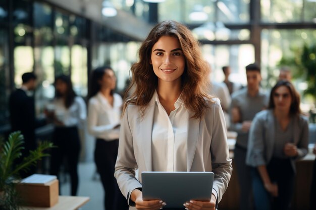 Laptop Presentation Businesswoman and Blank Screen with Generative AI