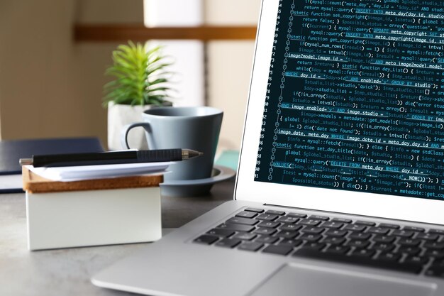 ディスプレイにスクリプトコードを持つプログラマーのラップトップ