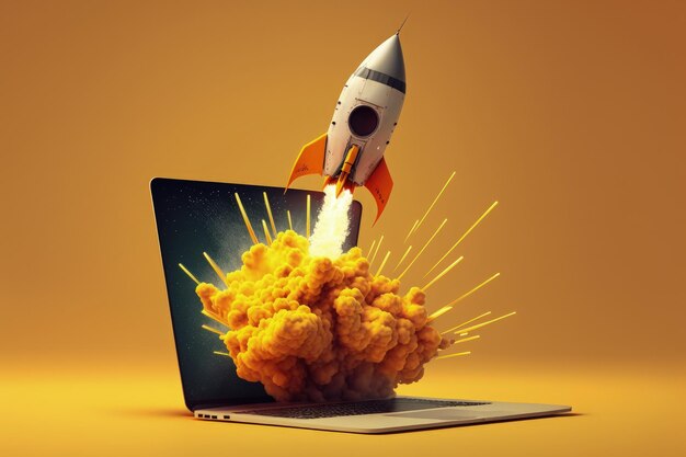 Laptop and rocket illustration yellow background Generative AI