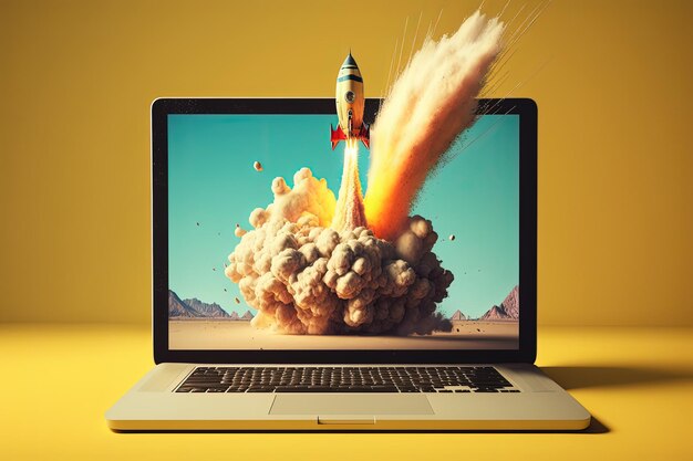 Laptop and rocket illustration yellow background Generative AI