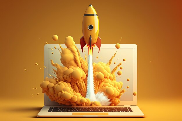 Laptop and rocket illustration yellow background Generative AI