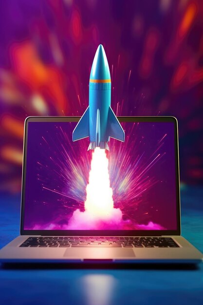 A laptop rocket takes off for business launch with success strategies generative ai