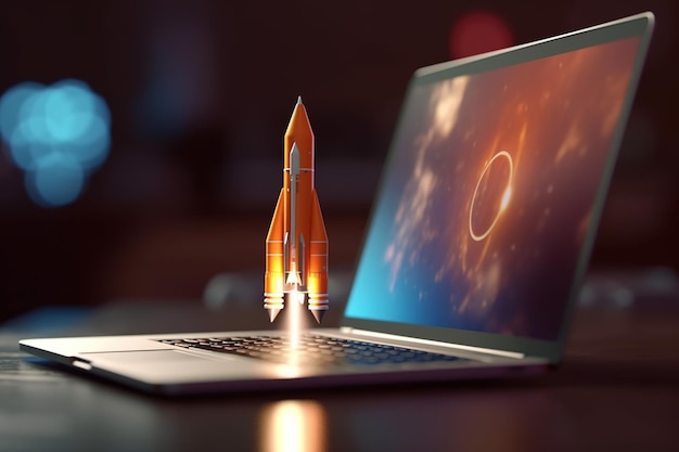 Photo laptop and rocket taking off on blurred background generative ai