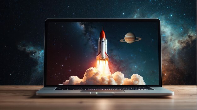 Foto laptop scherm met een raketlancering te midden van wolken en sterren