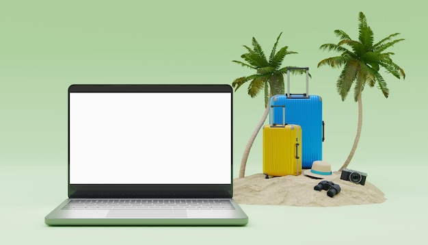 Laptop scherm mockup achtergrond met palmbomen en koffers ernaast op strand zand 3D-rendering