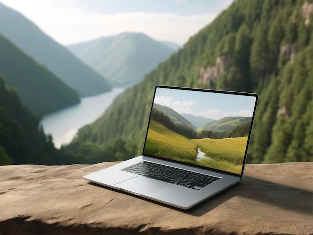 Foto laptop scherm mockup met natuurlijke landschappen