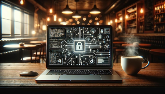 Laptop screen displaying email icon with cybersecurity graphics on a wooden table in a warm ambient lit cafe