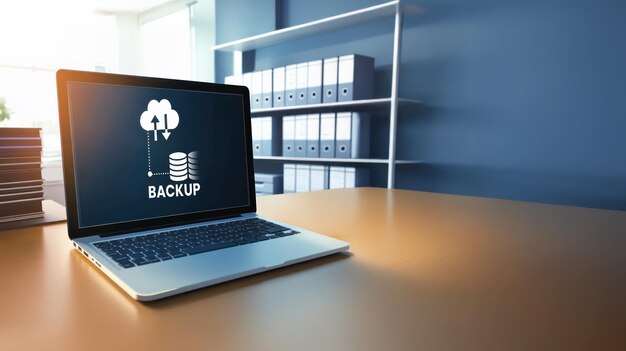Laptop screen displaying the word BACKUP with a cloud storage icon Focus on data backup and recovery emphasizing secure cloud backup for disaster recovery