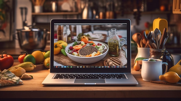 Photo a laptop screen displays a salad and a bowl of salad.