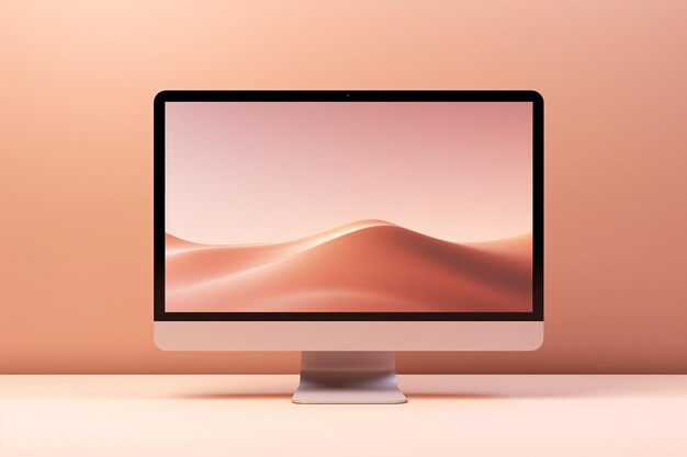 Photo laptop screen mockup contains abstract landing page in light colors