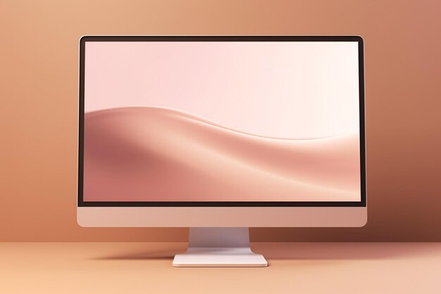 Photo laptop screen mockup contains abstract landing page in light colors