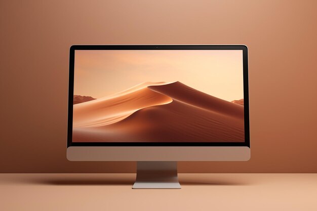 Photo laptop screen mockup contains abstract landing page in light colors