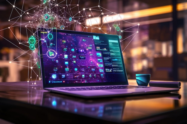 Laptop screen with abstract glowing network hologram and coffee cup on wooden desk in office 3D rendering