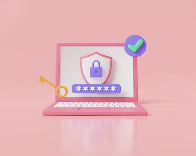 Laptop screen with lock icon and password locked laptop screen\
laptop protection laptop or notebook security personal data\
security security shield lock concept 3d render illustration