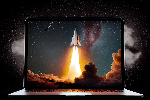 Laptop screen with rocket blasting off into the night sky in peaceful and serene setting