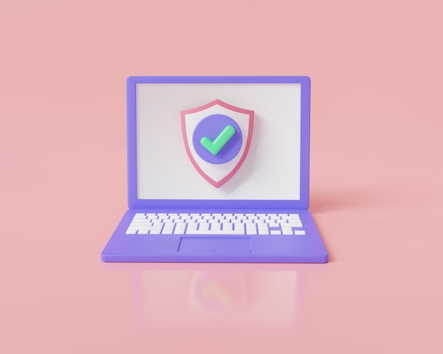 Photo laptop screen with shield protection icon with checkmark locked laptop screen laptop protection notebook security personal data security security shield lock concept 3d render illustration
