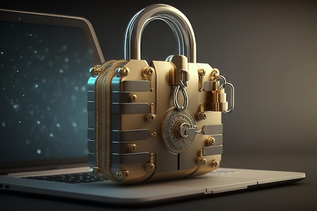 Laptop security concept Generative AI Golden lock on laptop