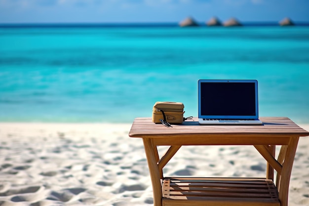 Laptop seen from the front on top of a table on the beaches