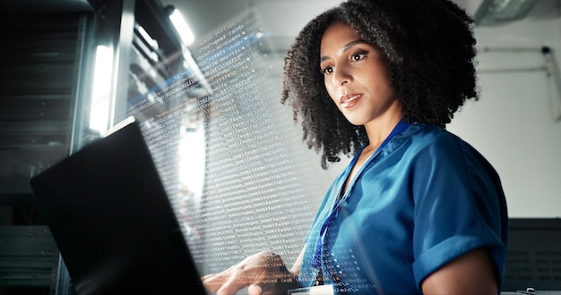 laptop server room and technician programming software update or system network overlay technology data center or woman on database for information cyber security or code for ai cloud computing